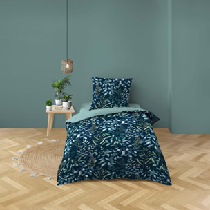Parure de lit 2 pièces 100 % coton imprimé à motif végétal housse + taie - Bleu