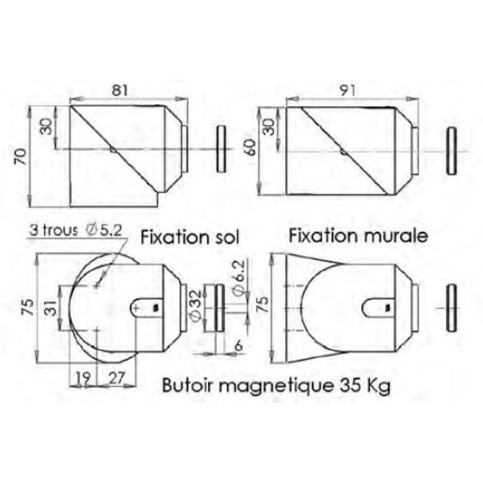 Butoir de porte magnétique universel 161340 MONIN - Gris - Force 35Kg - 161340