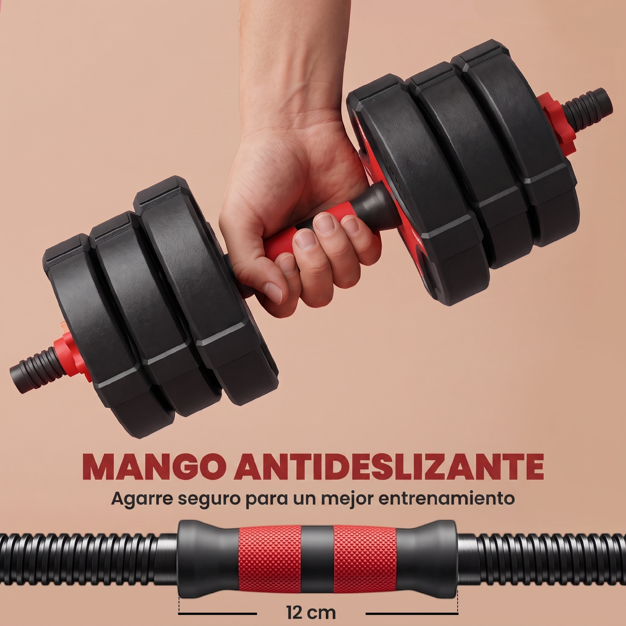 Juego de Mancuernas Ajustables 5 en 1 20kg, Juego de Pesas como Kettlebell, Barra, Mancuernas o Soporte para Flexiones, Equipo de Fitness para Hombres y Mujeres, Casa Gimnasio, Negro y Rojo