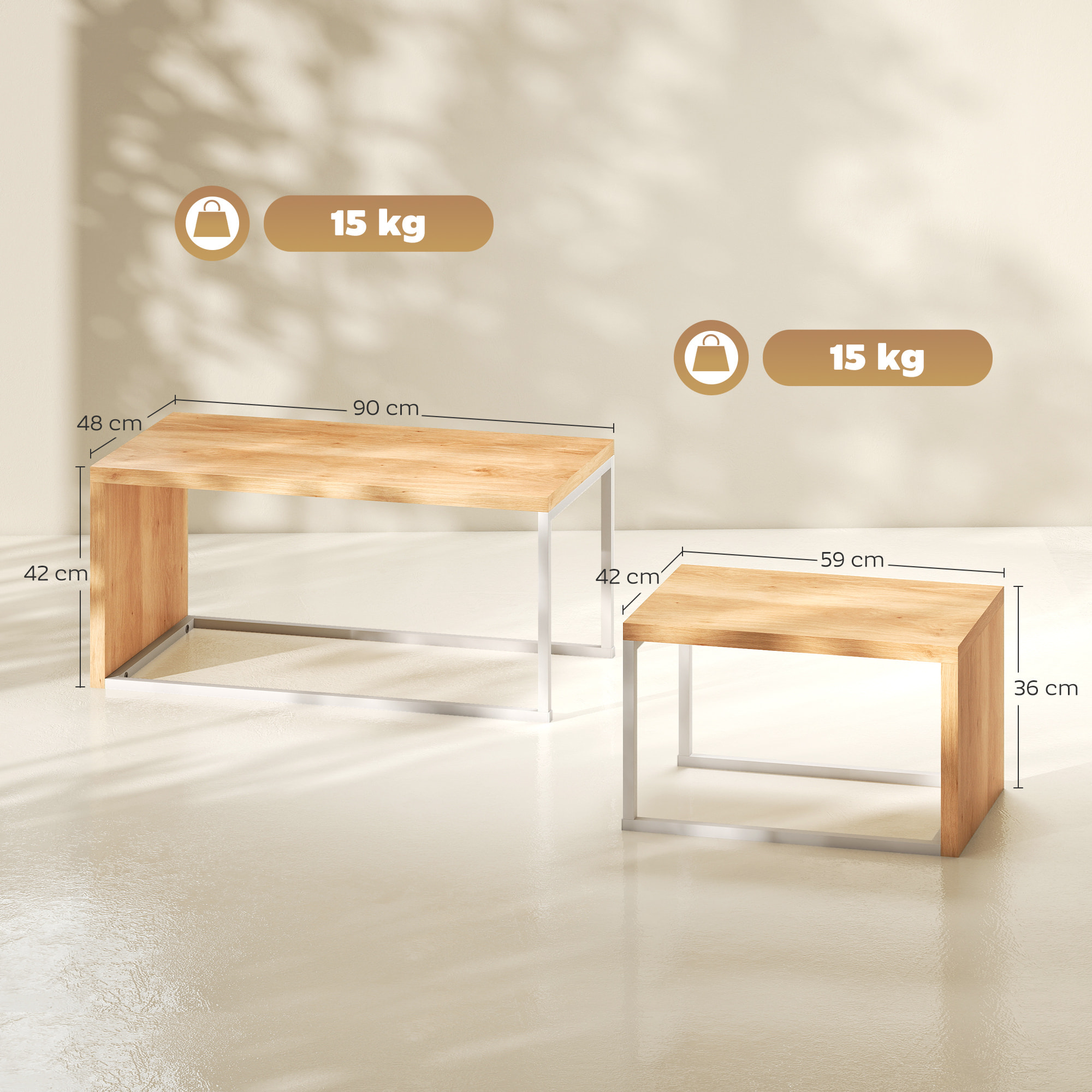 Juego de 2 Mesas de Centro, Mesa Nido Moderna, Mesitas Auxiliares, Marco de Metal, para Salón, Dormitorio, Grande 90x48x42 cm y Pequeña 59x42x36 cm, Natural y Blanco