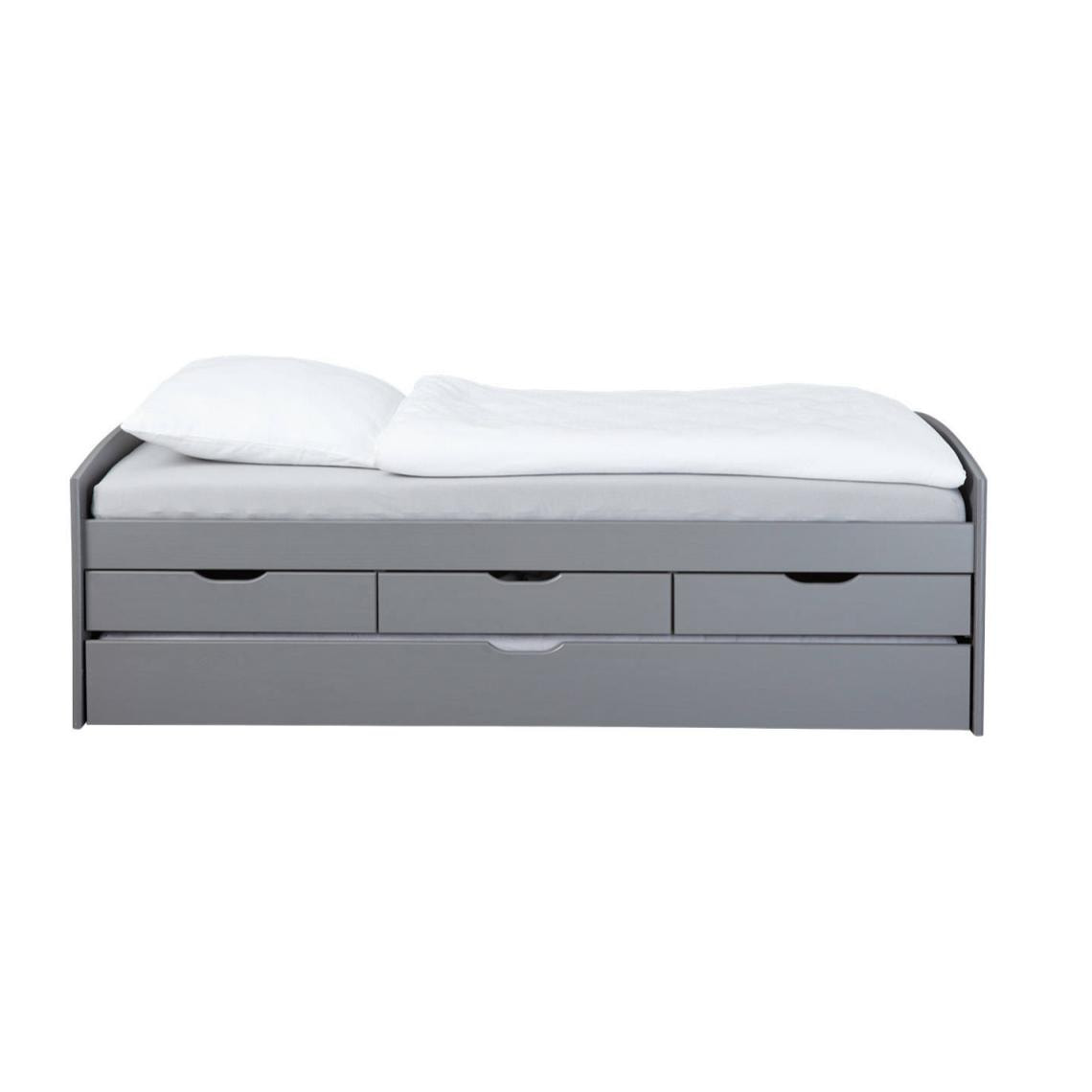 Letto con cassetti contenitore e secondo letto inferiore a estrazione, in pino massello tinto grigio, cm 98x205x63, reti escluse