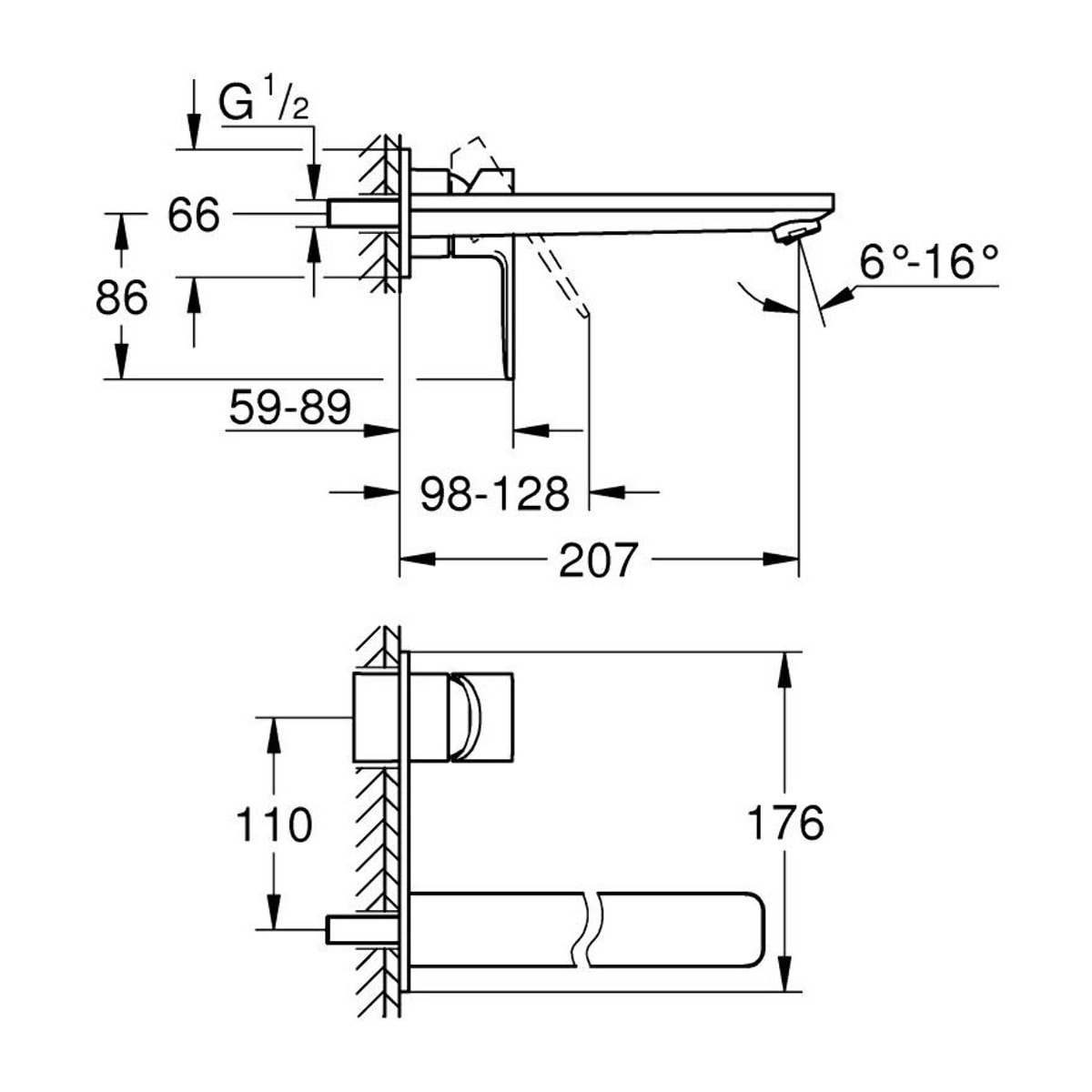 Mitigeur lavabo mural 2 trous Taille L - Hard Graphite brossé