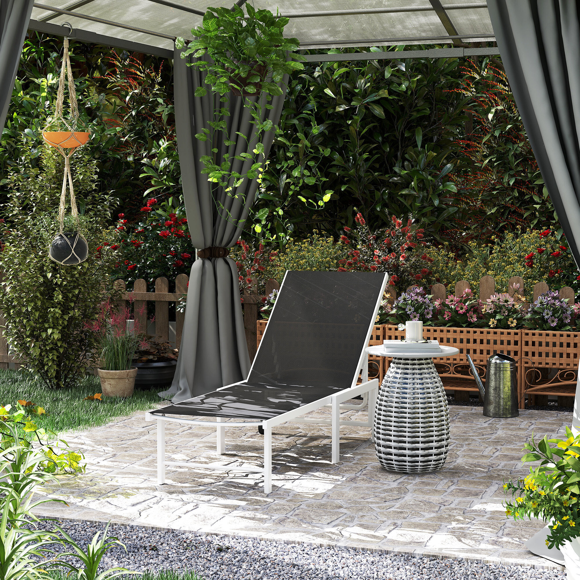 Tumbona Reclinable Tumbona Jardín Exterior con Ruedas Respaldo Ajustable en 5 Niveles y Estructura de Acero Carga 120 kg para Patio Terraza Balcón 166x60x84 cm Gris