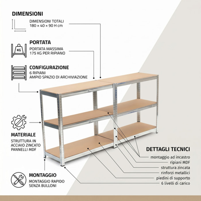 Scaffale metallico 6 ripiani 180x40x90 cm, scaffalatura acciaio heavy duty fino a 175 kg per ripiano, struttura orizzontale salvaspazio, montaggio ad incastro senza bulloni, ideale per garage magazzino officina e cantina