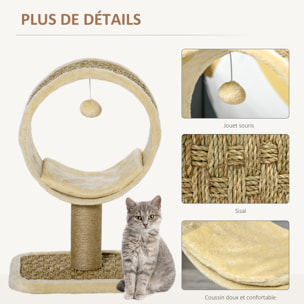 Arbre à chat rond style cosy chic griffoir grattoirs sisal jeu suspendu souris niche avec coussin cordes d'algues tressées peluche courte beige