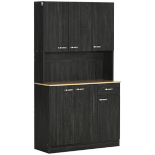 Armoire de cuisine contemporaine multi-rangement 6 portes 1 tiroir + grand plateau dim. 101L x 39l x 180H cm panneaux particules bois noir