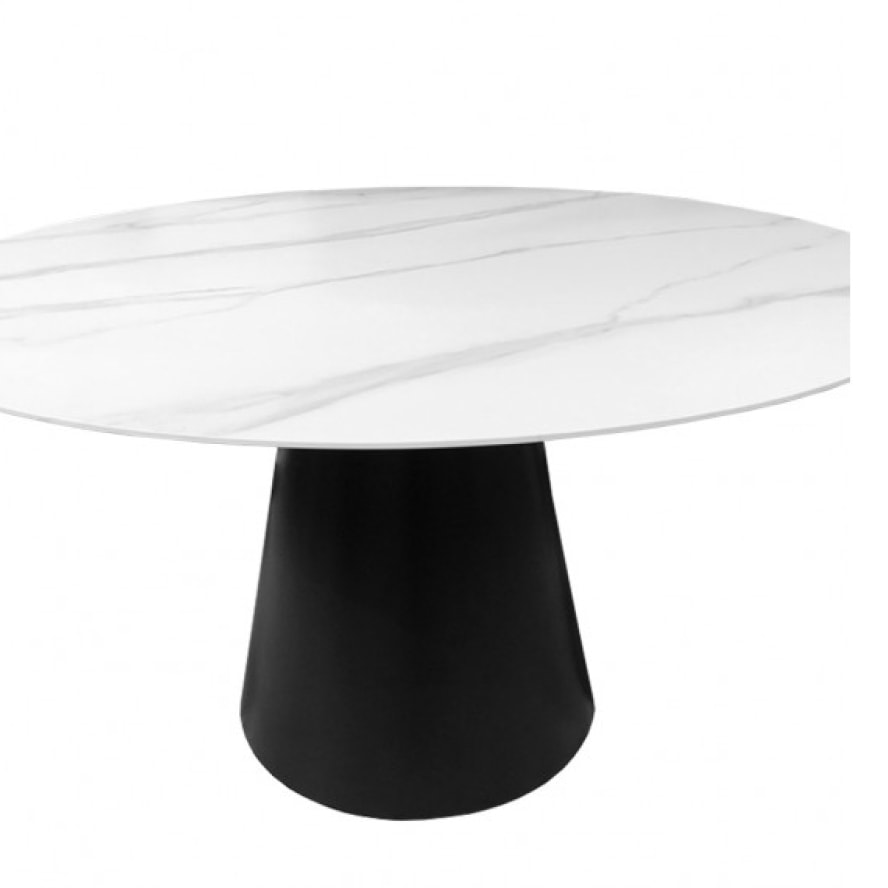 Table de repas ronde plateau en céramique blanc & pieds métal noir - CURVE