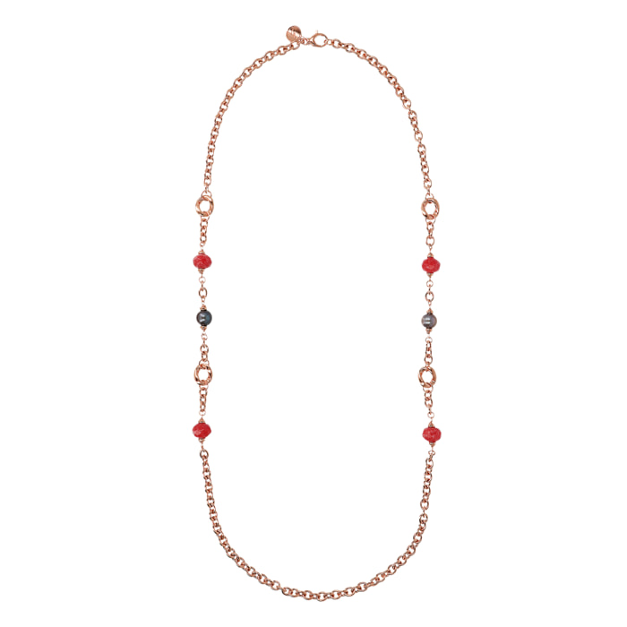 Collana Lunga Catena Rolo con Pietre Naturali Quarziti Rosse e Perle d'Acqua Dolce Bianche Ø 10/11 mm