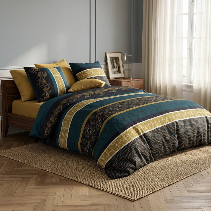 Parure housse de couette imprimé 100% coton - qobe - emeraude