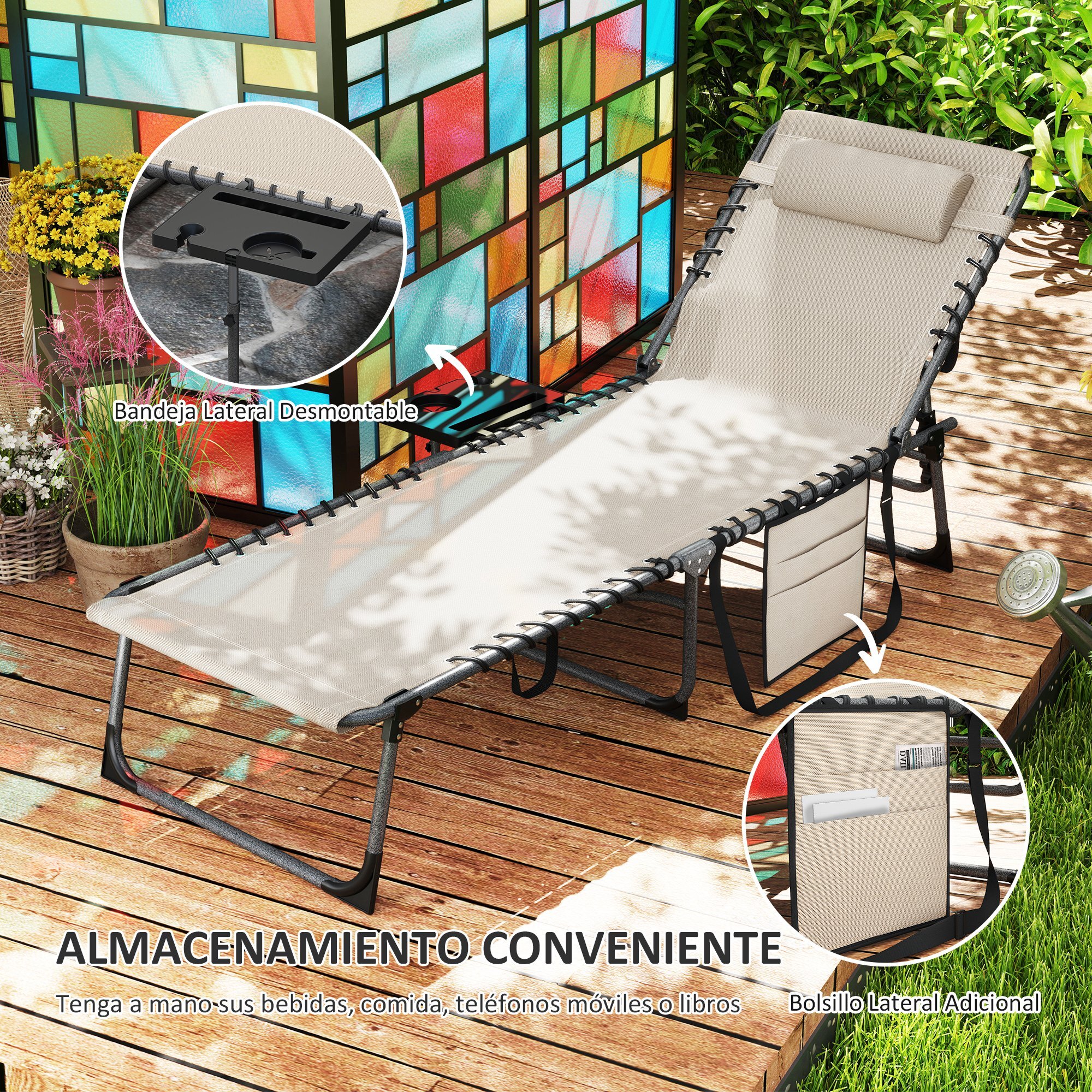 Tumbona Plegable, Tumbona Jardín Exterior con Respaldo Ajustable, Reposacabezas, Bolsillo Lateral, Bandeja y Estructura de Acero, Carga 120 kg para Terraza Piscina Playa, 190x60x31 cm, Crema