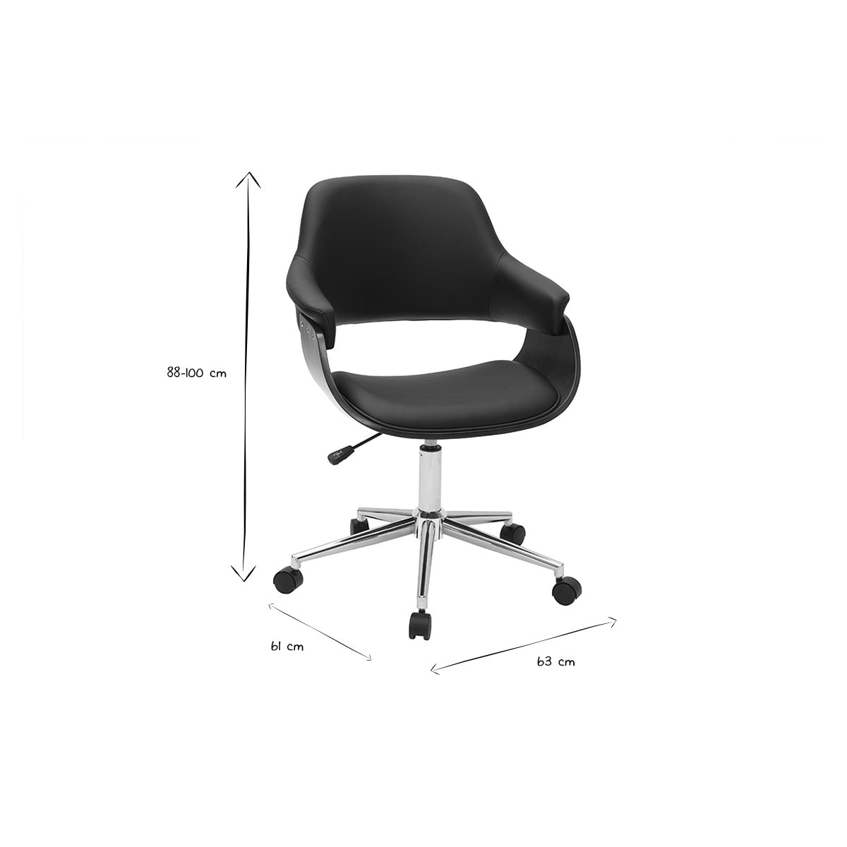 Chaise de bureau à roulettes design noir, bois foncé noyer et acier chromé HANSEN