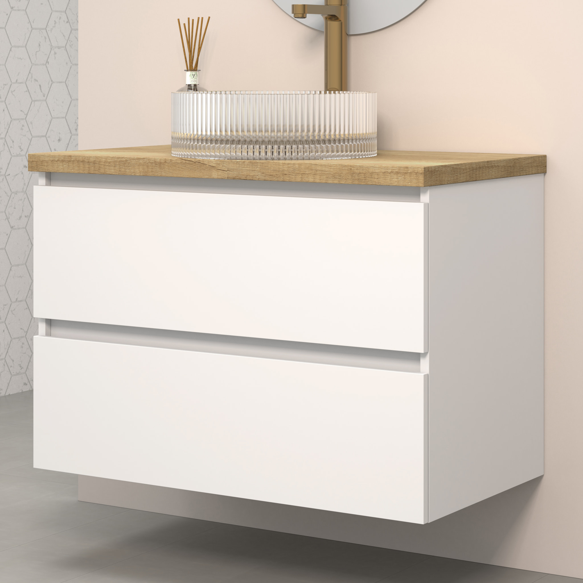 ENSEMBLE DE SALLE DE BAINS KUB | 80CM BLANC | DEUX TIROIRS | ÉVIER EN VERRE | MIROIR NON INCLUS | MEUBLES ASSEMBLÉS | ALDAY