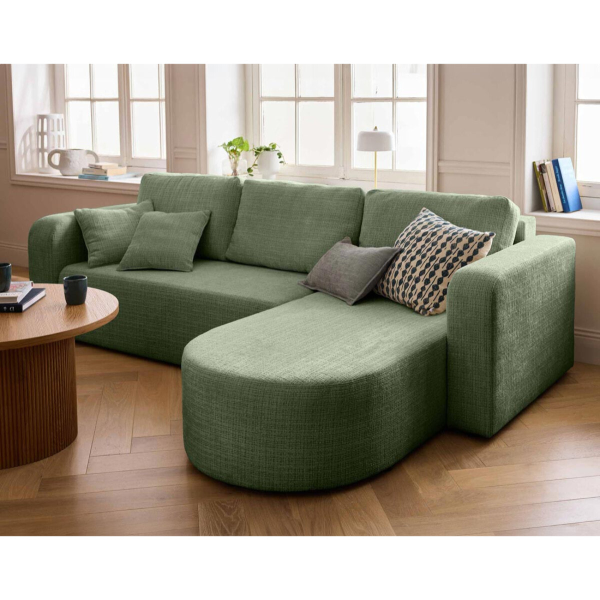 Miro - canapé d'angle réversible - 4 places - convertible avec coffre - en velours texturé - Vert sauge