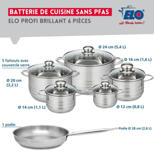Ensemble de 1 Poêle de cuisson 28 cm et 5 faitouts 12, 14, 16, 20 et 24 cm Elo Profi Brillant