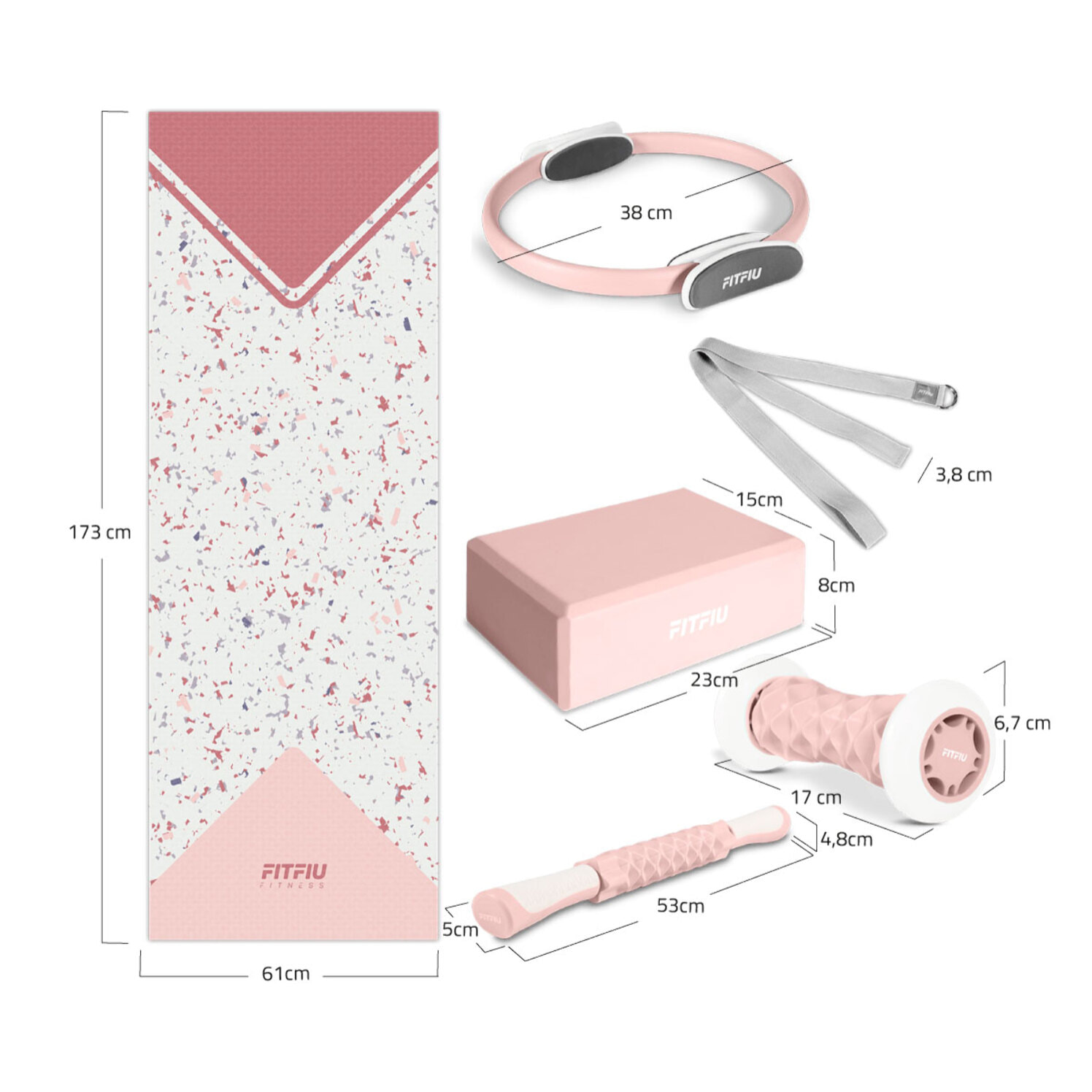 Kit de Yoga et Pilates ROSE 6 accessoires tapis anneau brique rouleau sangle