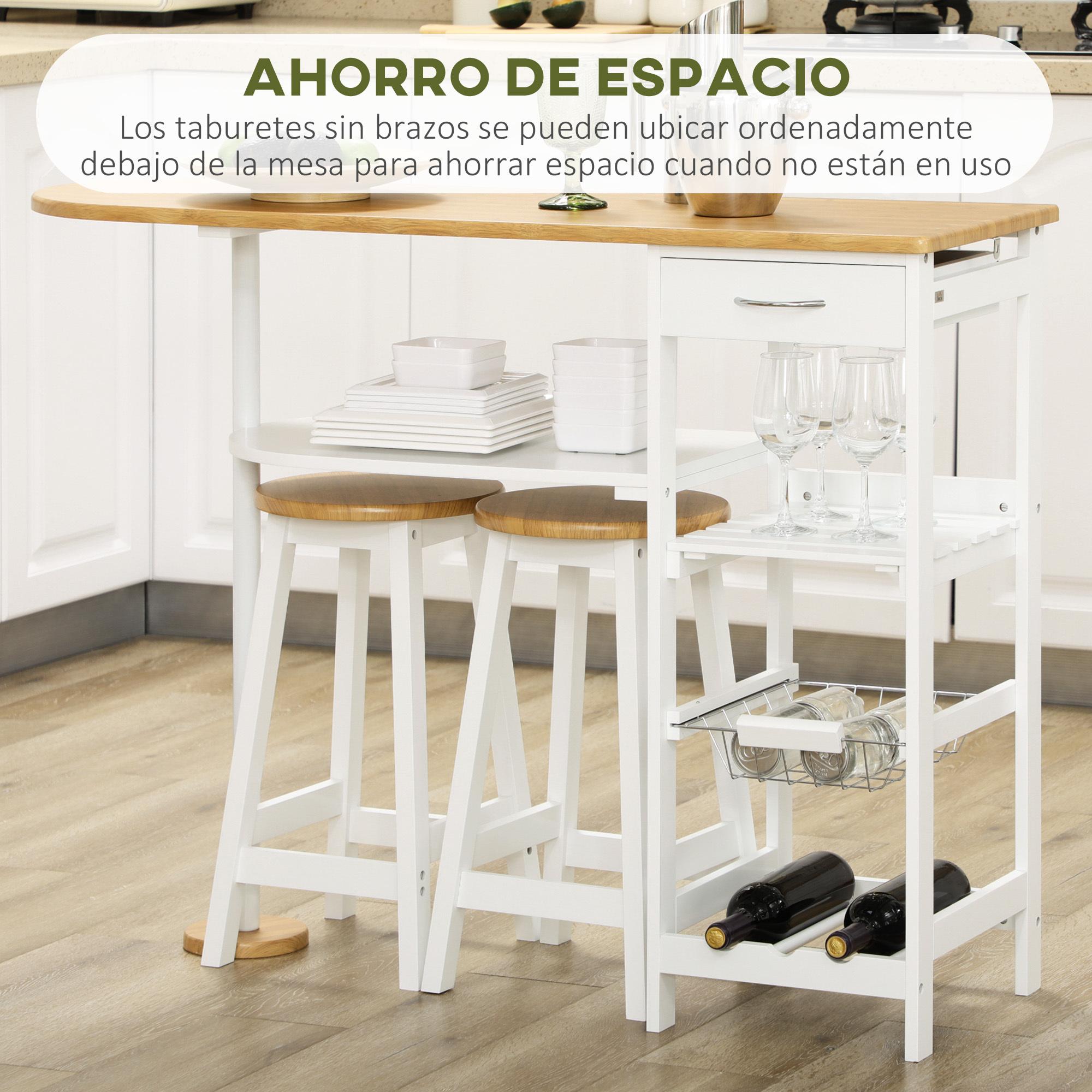 Set de Mesa de Bar con 1 Cajón 2 Estantes Cesta Extraíble y Botellero Juego de Muebles con Mesa Alta de 119x38,5x88,5 cm y 2 Taburetes de 29x29x55 cm para Comedor Cocina Blanco