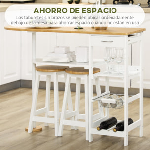 Set de Mesa de Bar con 1 Cajón 2 Estantes Cesta Extraíble y Botellero Juego de Muebles con Mesa Alta de 119x38,5x88,5 cm y 2 Taburetes de 29x29x55 cm para Comedor Cocina Blanco