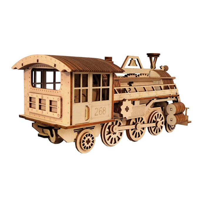 Maqueta de Madera 3D, con movimiento mecánico diseño de Tren de Vapor. 252 piezas.