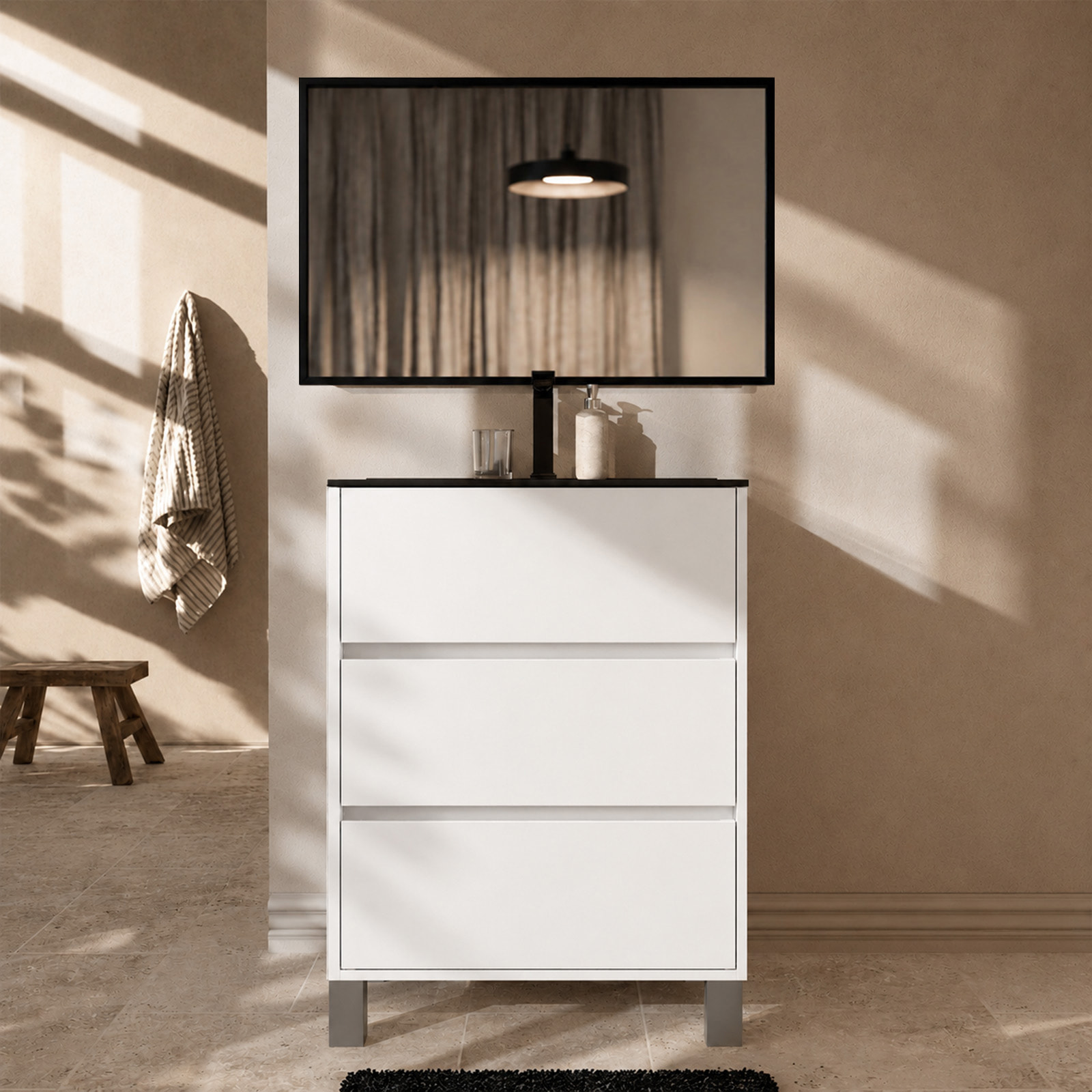 Meuble de Salle de Bains 50cm 3 tiroirs Blanc, Vasque Noire et Miroir Cadre Noir 50x70 - XENOS