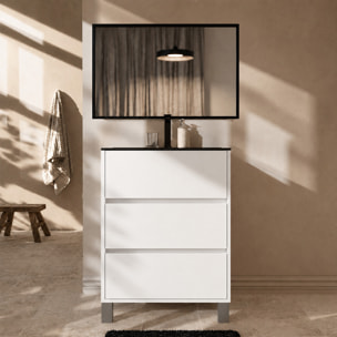 Meuble de Salle de Bains 50cm 3 tiroirs Blanc, Vasque Noire et Miroir Cadre Noir 50x70 - XENOS