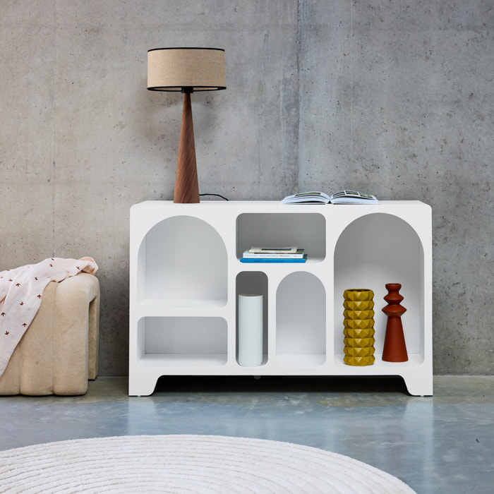 Buffet organique plusieurs niches 6 compartiments. buffet bas. effet bois blanc 120cm
