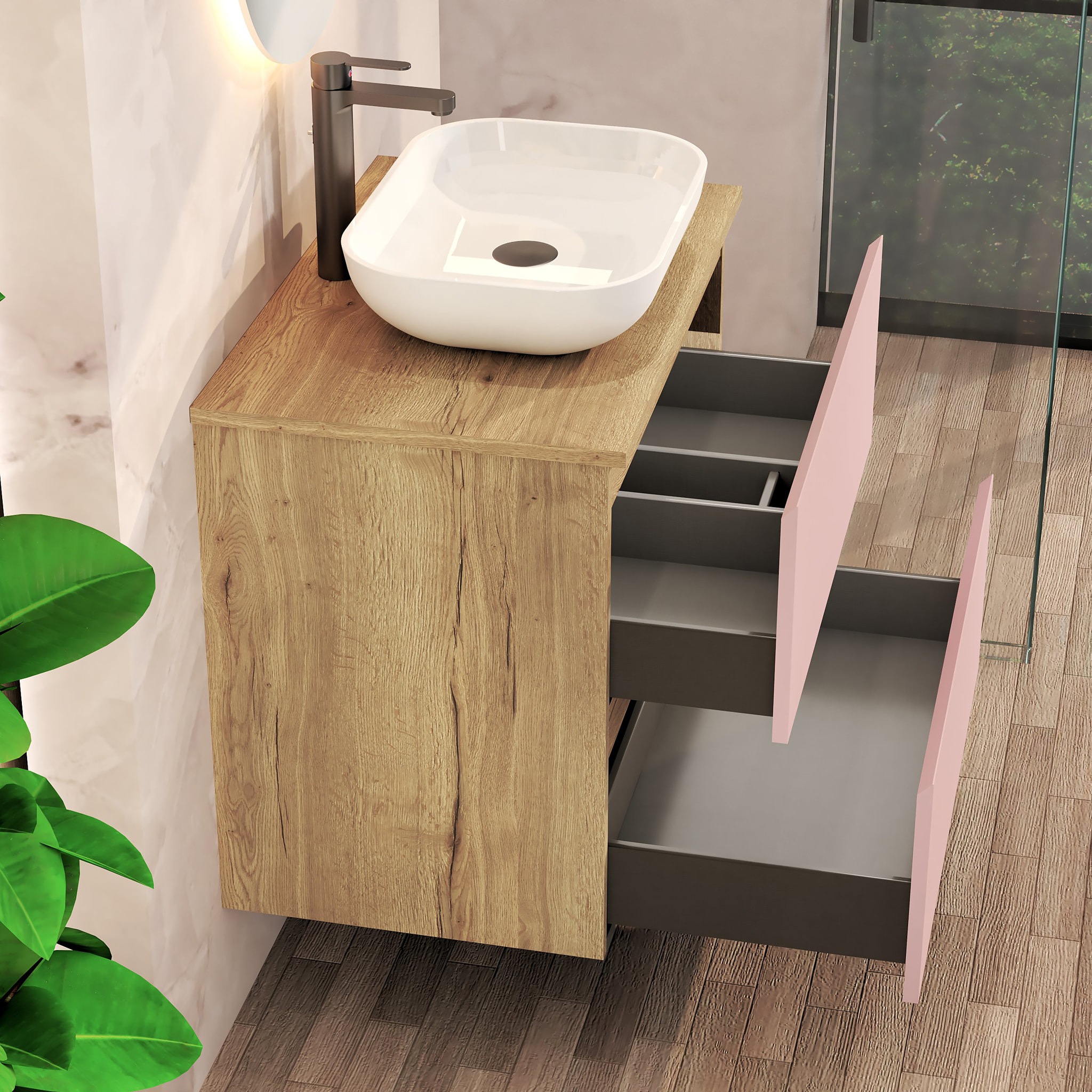 ENSEMBLE DE SALLE DE BAIN NIA | MEUBLE SUSPENDU | 70 CM ROSE | DEUX TIROIRS |LAVABO SUR PLAN | MIROIR NON INCLUS | MEUBLE MONTÉ | ALDAY