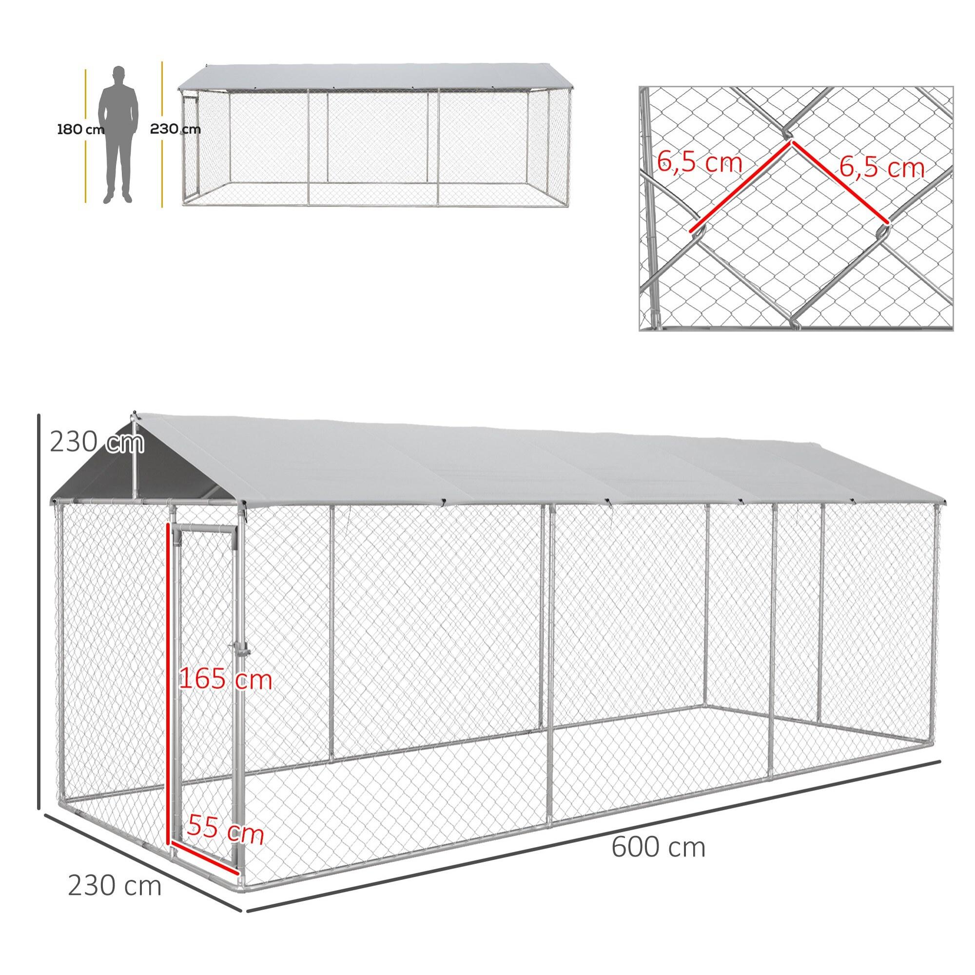 Perrera Jaula de Exterior para Perros Parque para Perros con 1 Puerta Marco de Acero Toldo Impermeable y Anti-UV 600x230x230 cm Plata