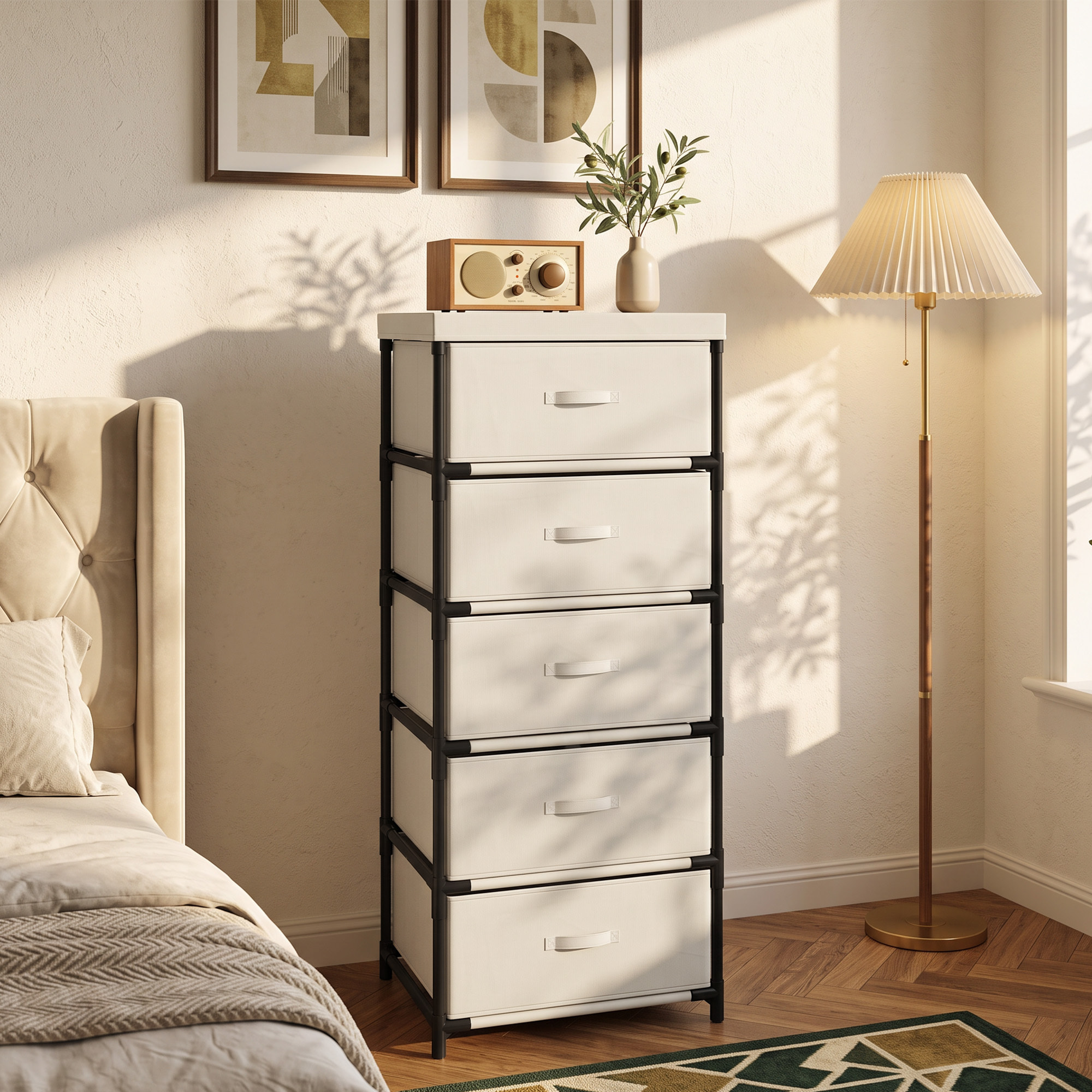 HOMCOM Cómoda con 5 Cajones de Tela, Cómoda para Dormitorio, Marco de Acero, Montaje Rápido, Cajonera para Salón, Oficina, Vestidor, Beige