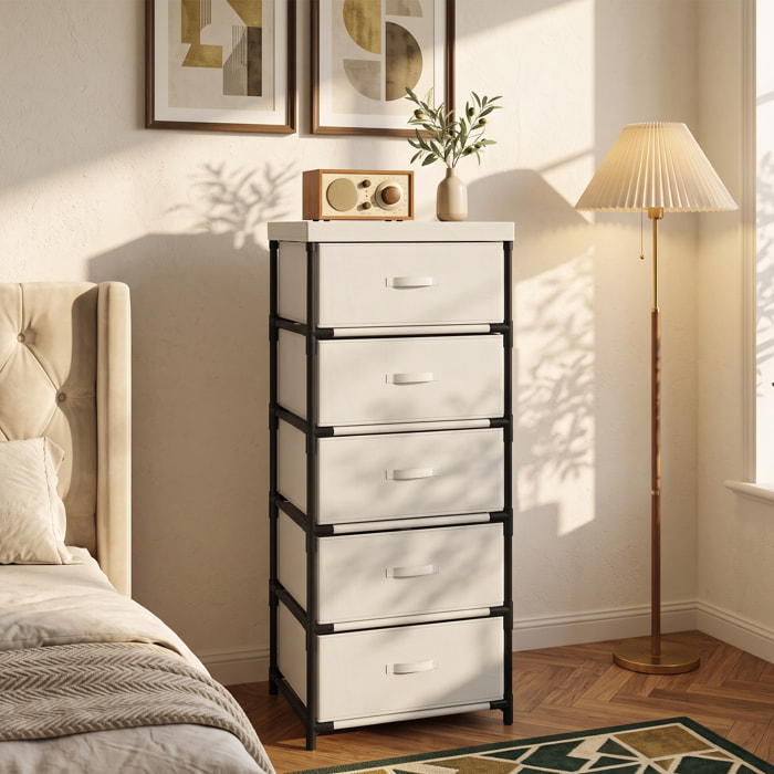 HOMCOM Cómoda con 5 Cajones de Tela, Cómoda para Dormitorio, Marco de Acero, Montaje Rápido, Cajonera para Salón, Oficina, Vestidor, Beige