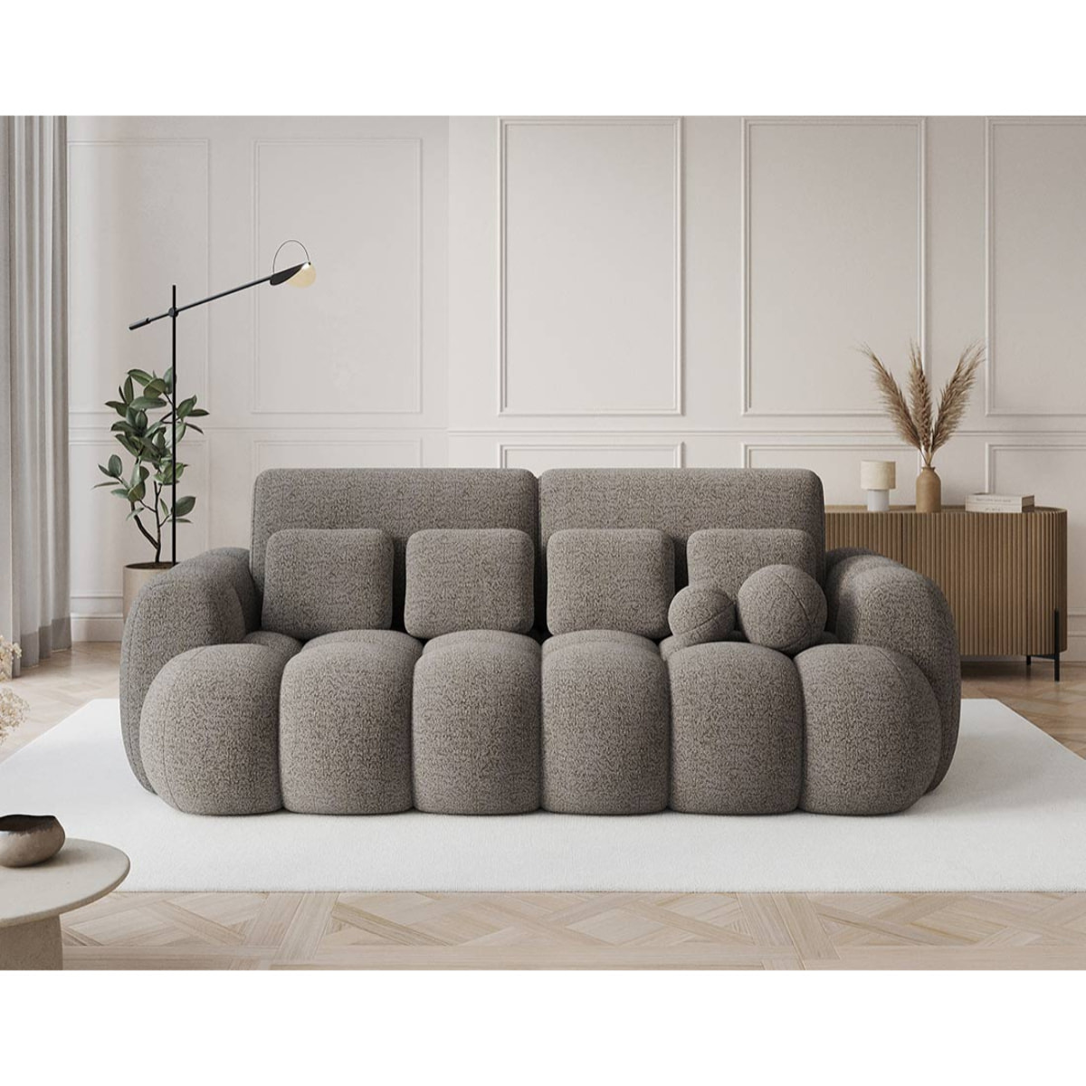 Dorian - Canapé droit 3 places bubble convertible avec coffre en tissu bouclette - Gris