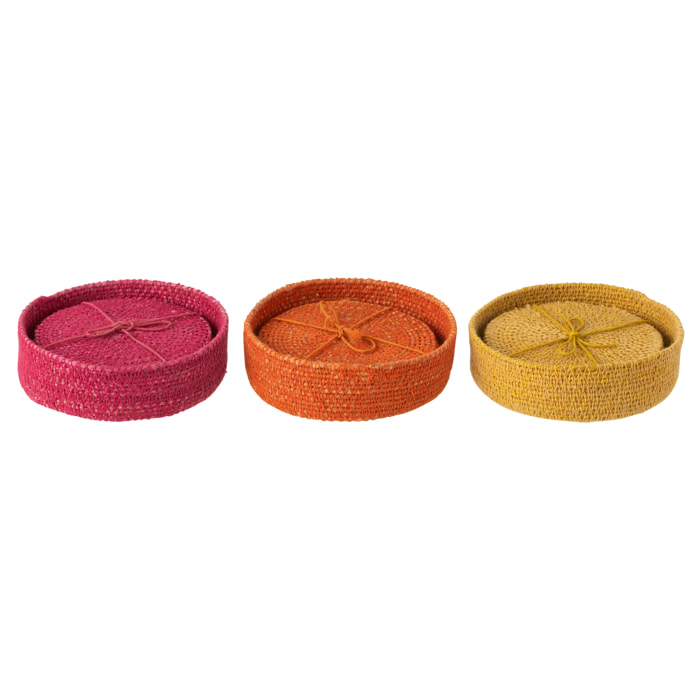 J-Line Sous-Verre 6 Pieces Jonc De Mer Rose/Orange/Jaune Assortiment De 3