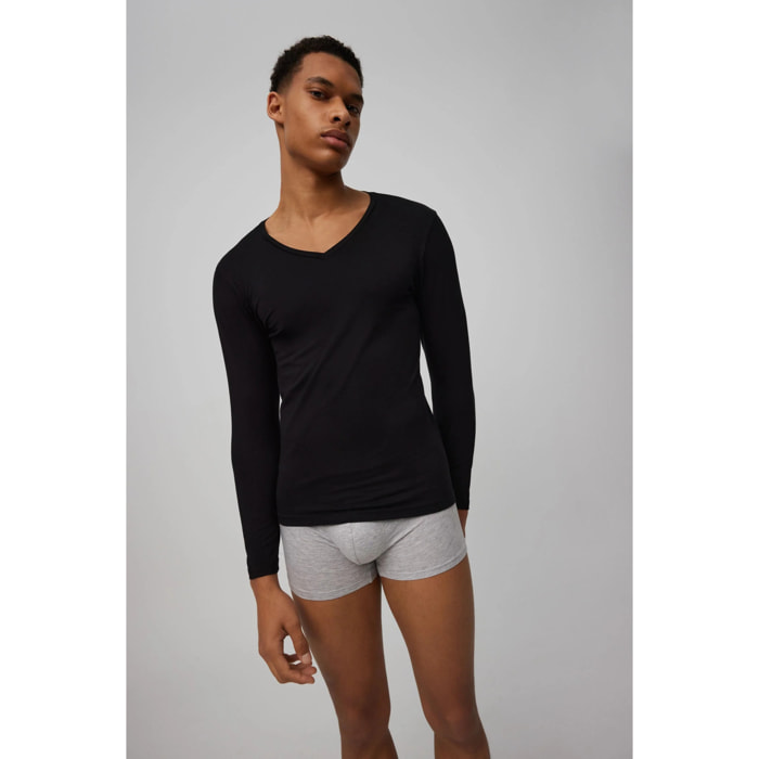 Maglietta a maniche lunghe con scollo a V in cotone nero