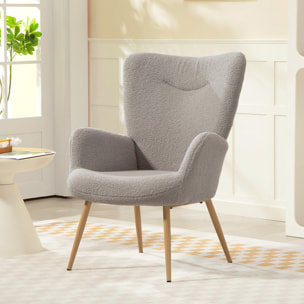Fauteuil bouclette design à oreilles piètement métal effet bois gris