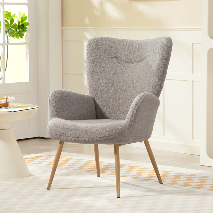 Fauteuil bouclette design à oreilles piètement métal effet bois gris