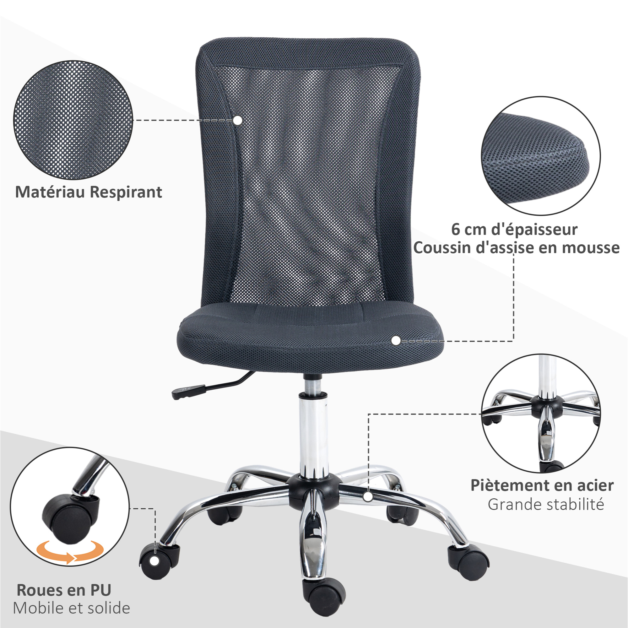 Chaise de bureau ergonomique hauteur réglable piètement chromé pivotant 360° revêtement gris foncé