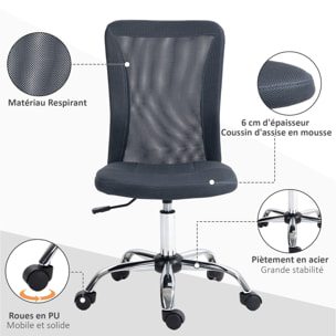 Chaise de bureau ergonomique hauteur réglable piètement chromé pivotant 360° revêtement gris foncé