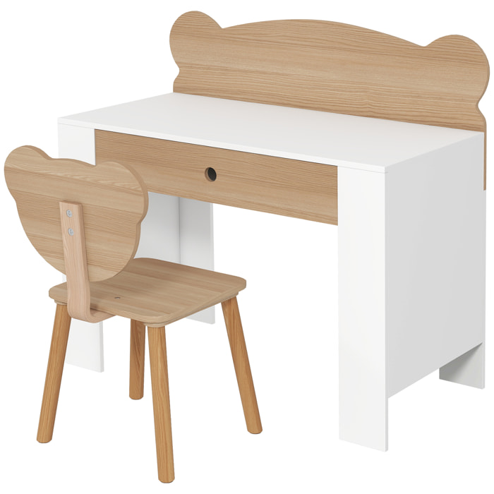 Ensemble bureau et chaise enfant design ourson - grand tiroir - blanc effet bois naturel