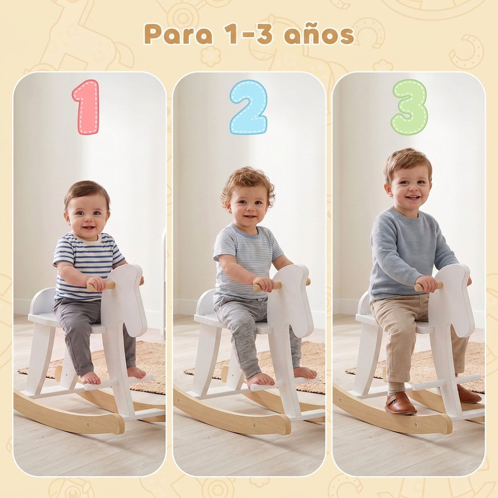 Caballito Balancín para Bebés, Caballo Balancín con Base de Madera, Diseño Clásico y Trabajo Artesanal Sólido, para Niños de 1-3 Años, Blanco