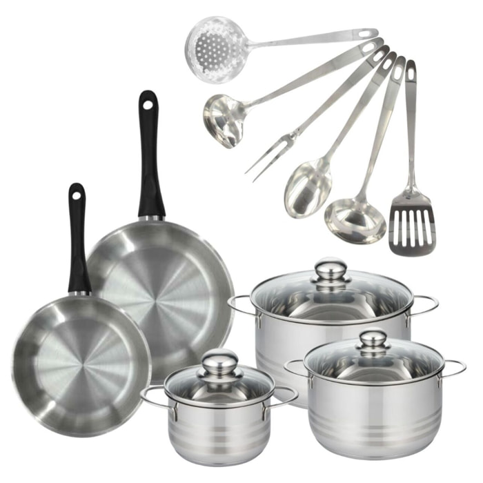 Set 2 poêles, 3 faitouts 16, 20 et 24 cm en inox et 6 ustensiles inox Fackelmann Geneva