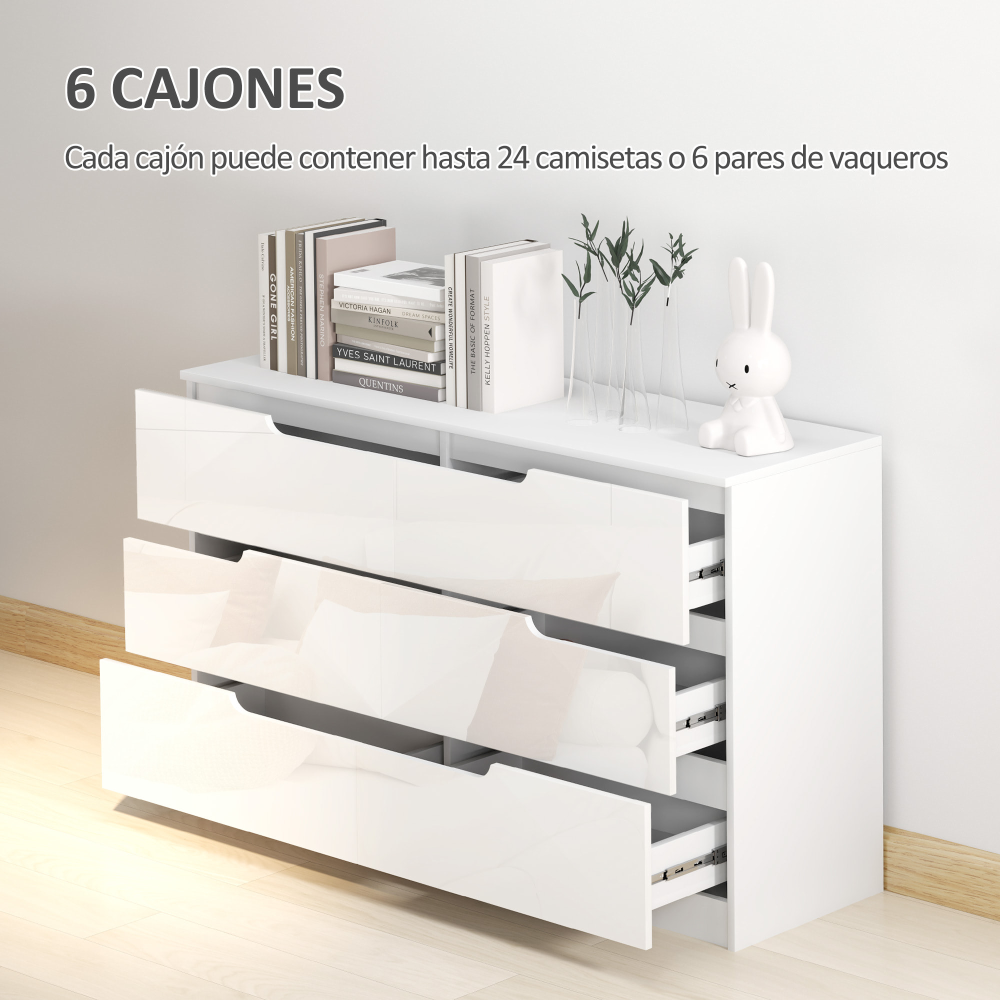 Cómoda con 6 Cajones Cómoda de Dormitorio Moderno con Anti-vuelco Cajonera para Salón Pasillo 120x40x75 cm Blanco