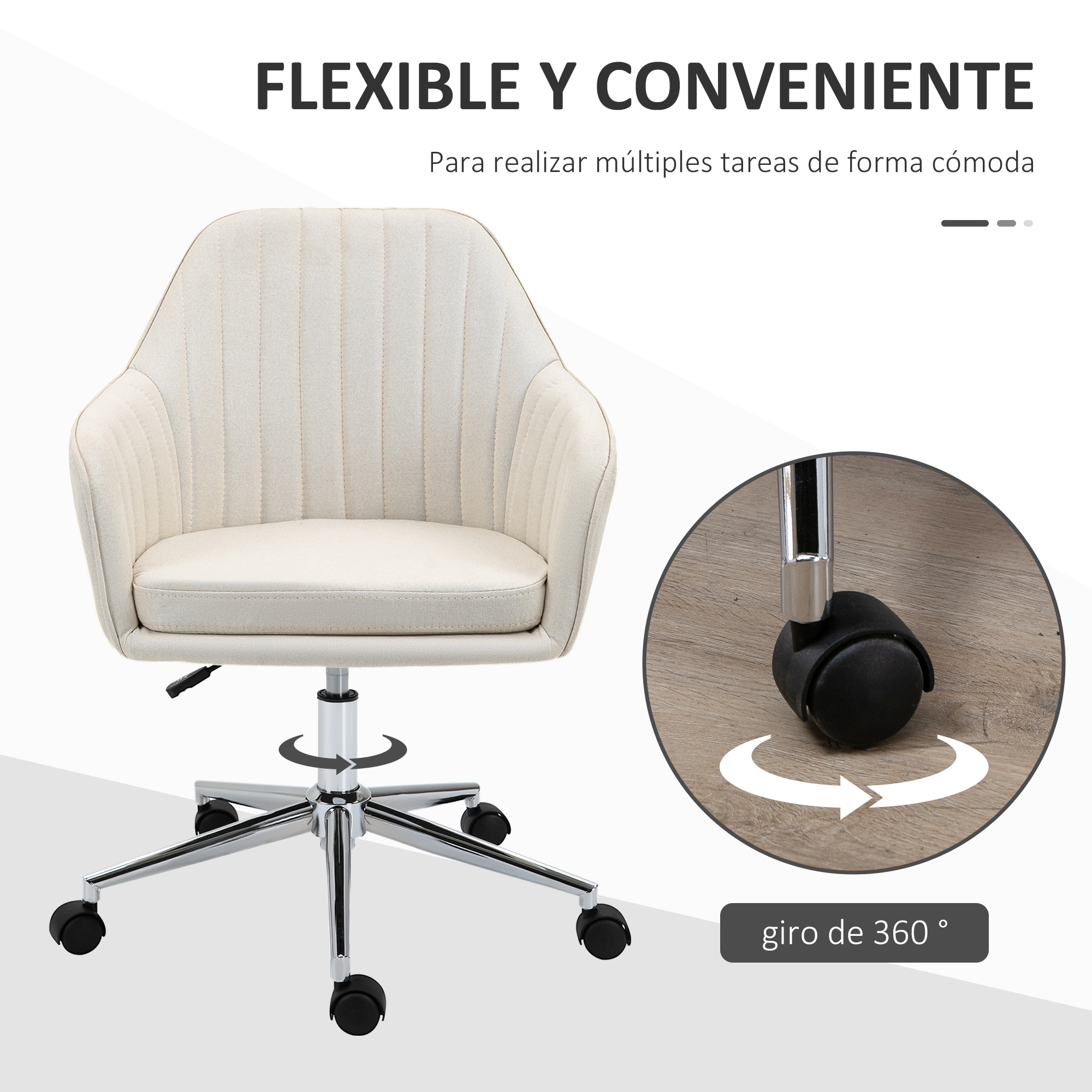 Silla de Oficina Silla de Escritorio Giratoria Tapizado en Lino con Altura Ajustable y Reposabrazos para Estudio Dormitorio Tocador Carga 120 kg Beige