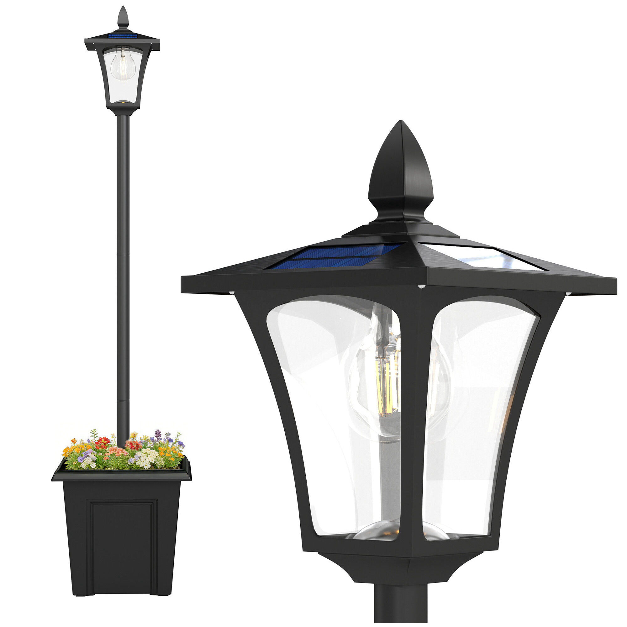 Farola Solar Exterior de Jardín con Macetero, Luz Solar de Exterior LED, Poste de Aluminio, Impermeable IP44, Encendido/Apagado Automático, para Terraza, Patio, 33x33x160 cm, Negro