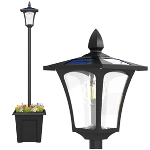 Farola Solar Exterior de Jardín con Macetero, Luz Solar de Exterior LED, Poste de Aluminio, Impermeable IP44, Encendido/Apagado Automático, para Terraza, Patio, 33x33x160 cm, Negro