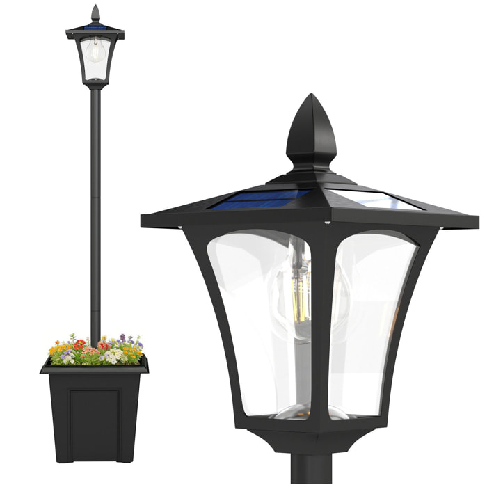 Farola Solar Exterior de Jardín con Macetero, Luz Solar de Exterior LED, Poste de Aluminio, Impermeable IP44, Encendido/Apagado Automático, para Terraza, Patio, 33x33x160 cm, Negro