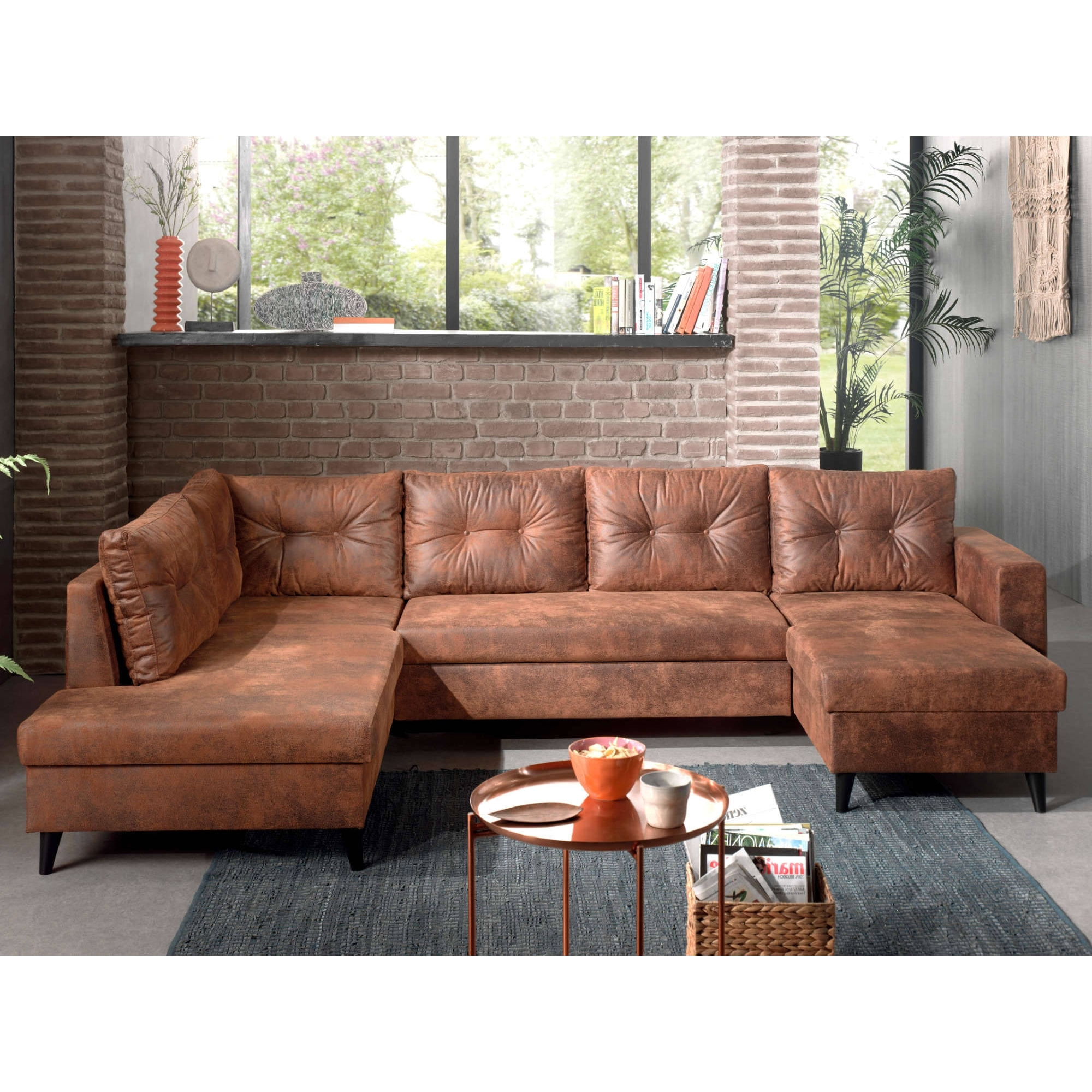 NORDIC - Canapé panoramique en U - 7 places - Convertible - Industriel vintage - Angle Gauche - Marron