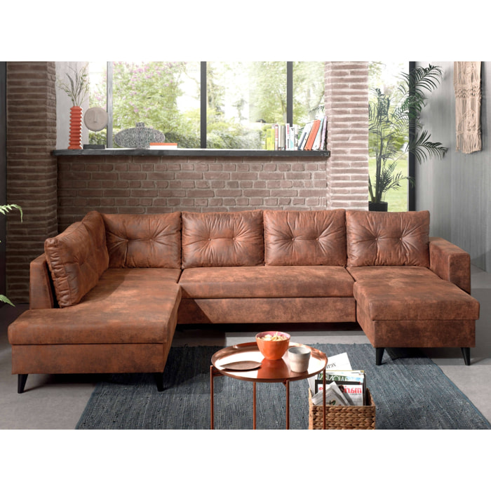 NORDIC - Canapé panoramique en U - 7 places - Convertible - Industriel vintage - Angle Gauche - Marron