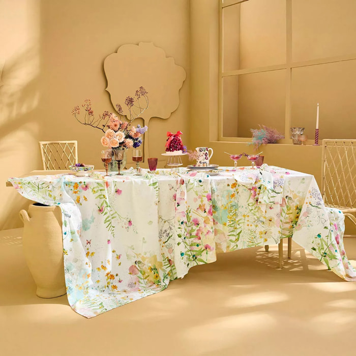 Nappe lin & coton lavé 150 g/m² imprimé rose vert Rosee du matin printemps