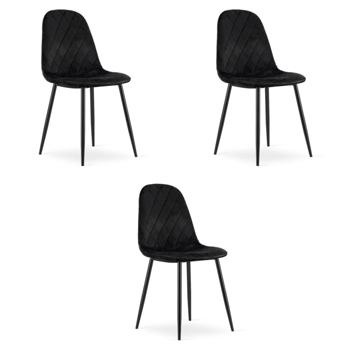 Set di 3 Sedie Asti in Velluto Nero e Metallo