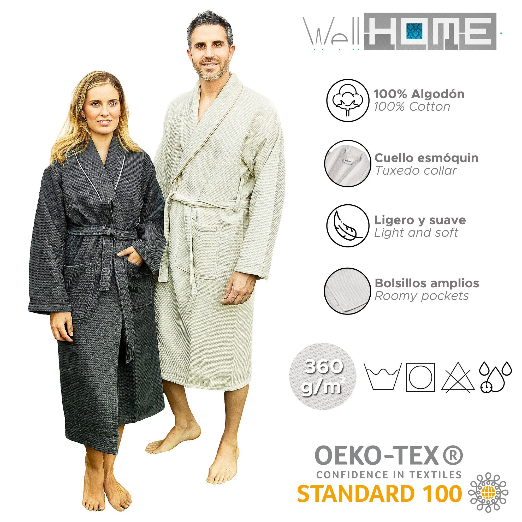 albornoz wellhome nido de abeja 100% algodón gris
