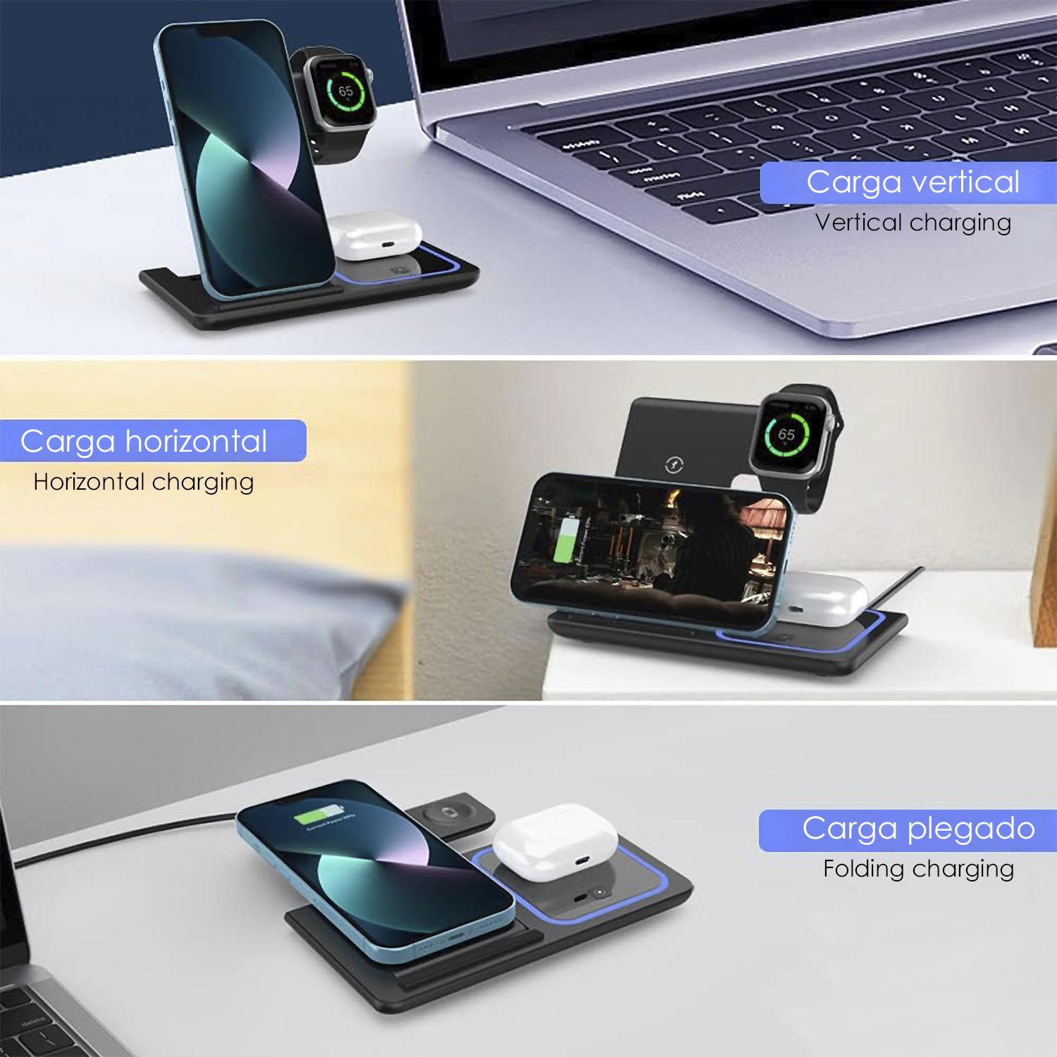 Base di ricarica wireless pieghevole 3 in 1. Base Qi da 15 W a doppia posizione, caricabatterie per Apple Watch e base Qi. Con luce ambientale blu. Funzione supporto.